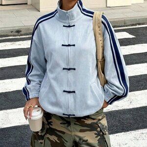 Blue Casual Women's Striped Button-Up Lightweight Jacket